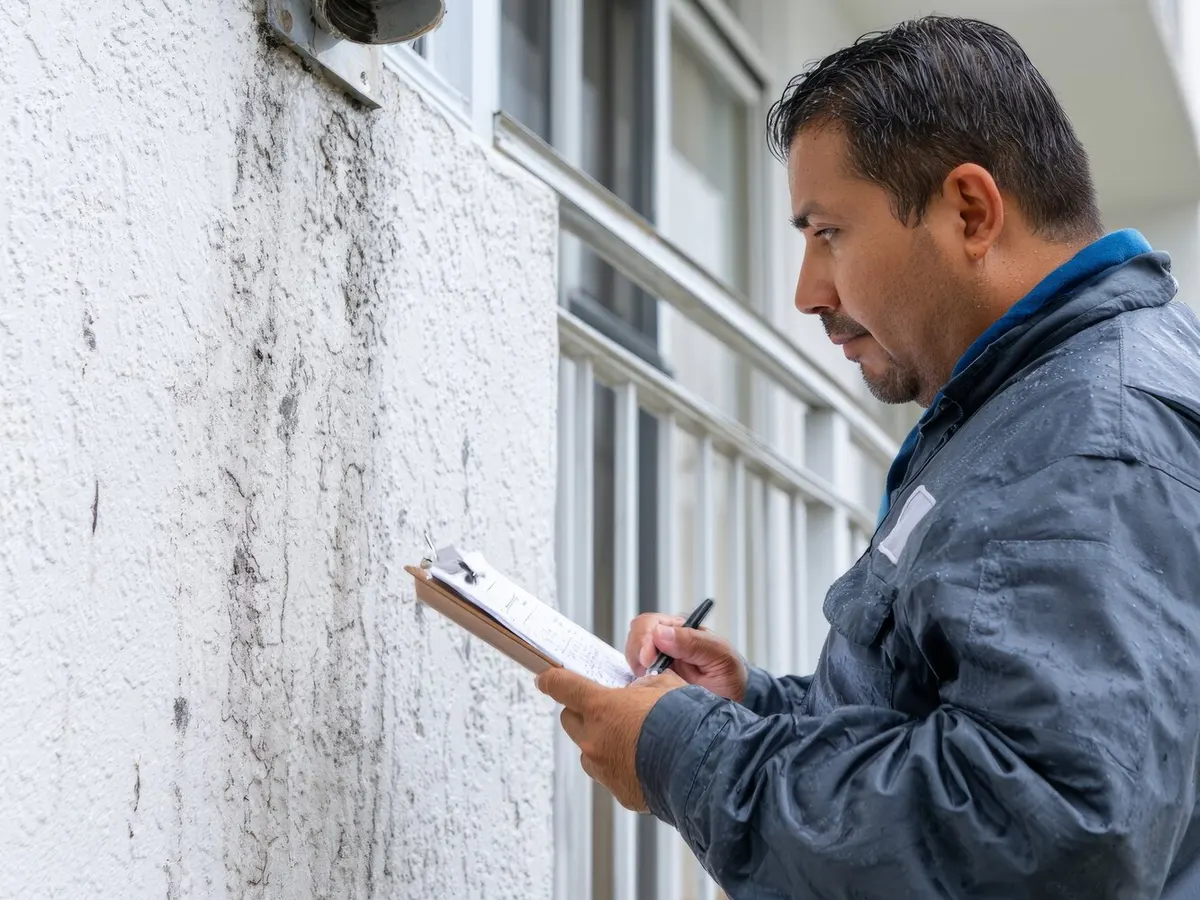 Inspecteur du bâtiment notant ses constats sur une fiche devant une façade enduite tachée par les eaux de pluie