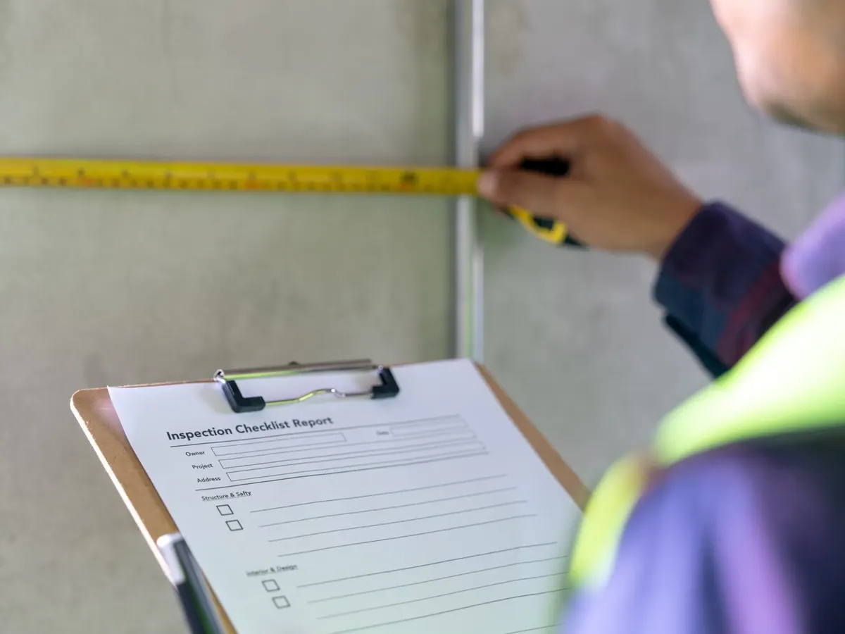 Mètre ruban tendu le long d'un mur et fiche de contrôle sur porte-bloc tenue par un technicien